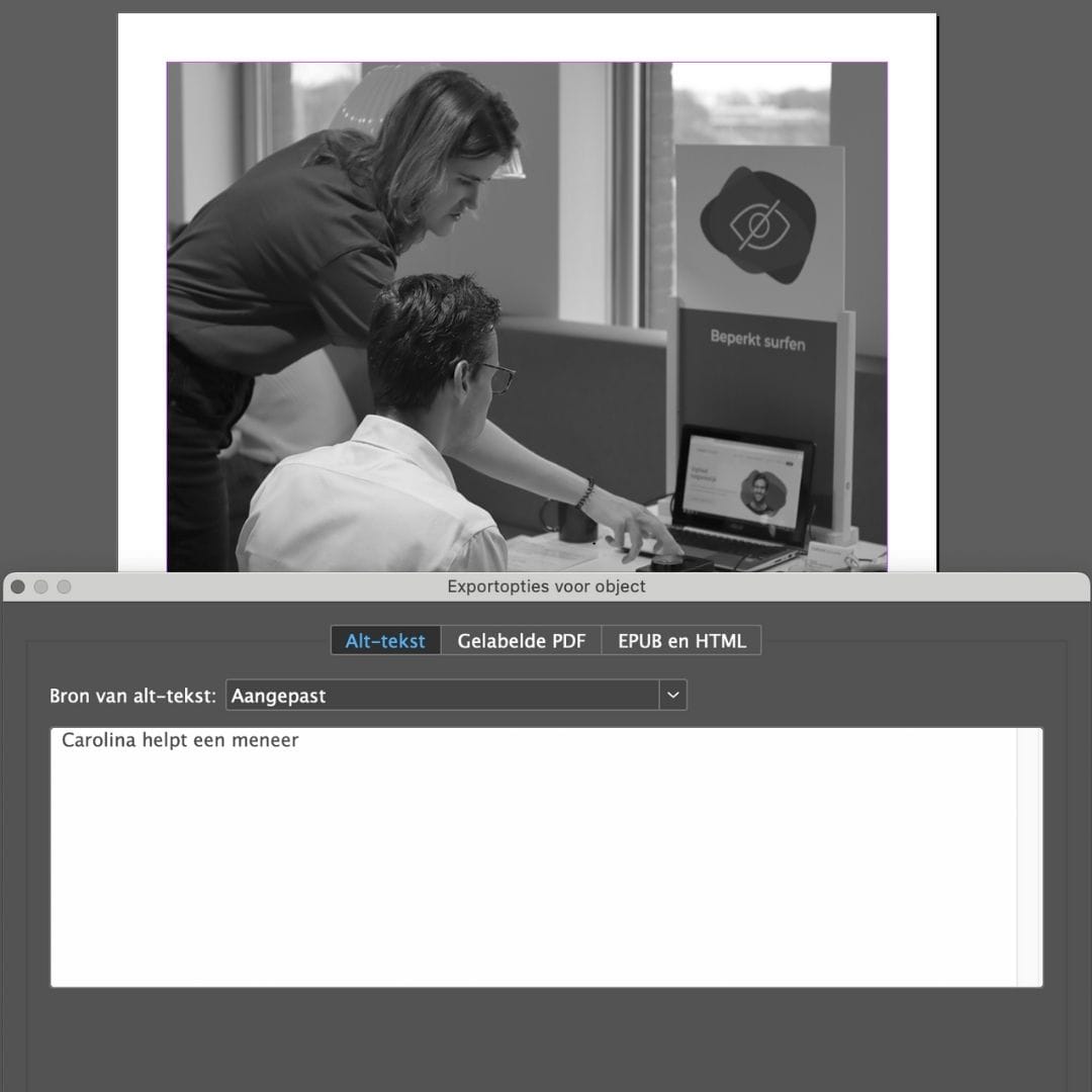 Voorbeeld van hoe je een alt-text toevoegd indesign