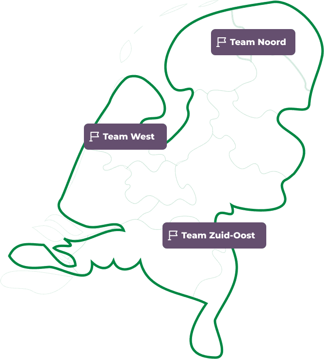 De kaart van Nederland. Team Noord, West en Zuid-Oost