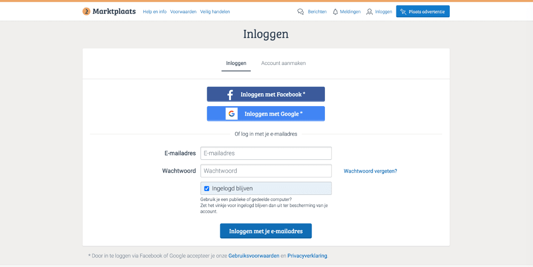 Screenshot van het inlogdeel van Marktplaats