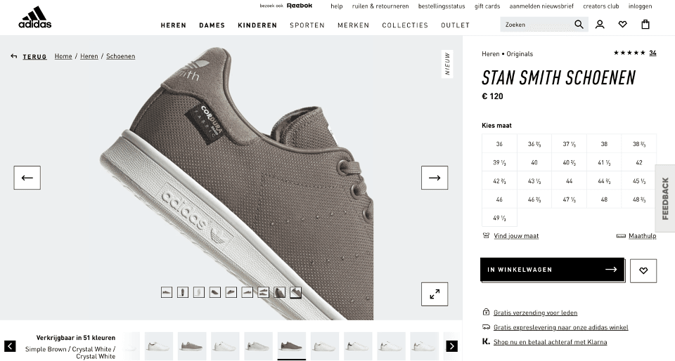 screenshot van de website adidas.com