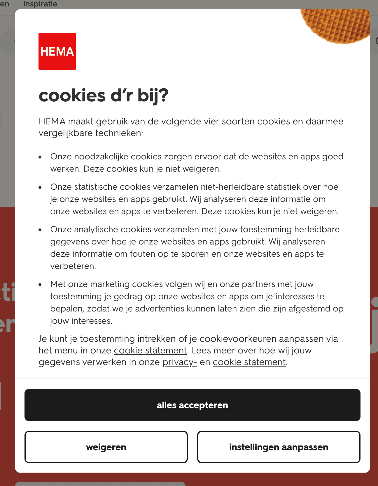 De cookie banner van hema.nl